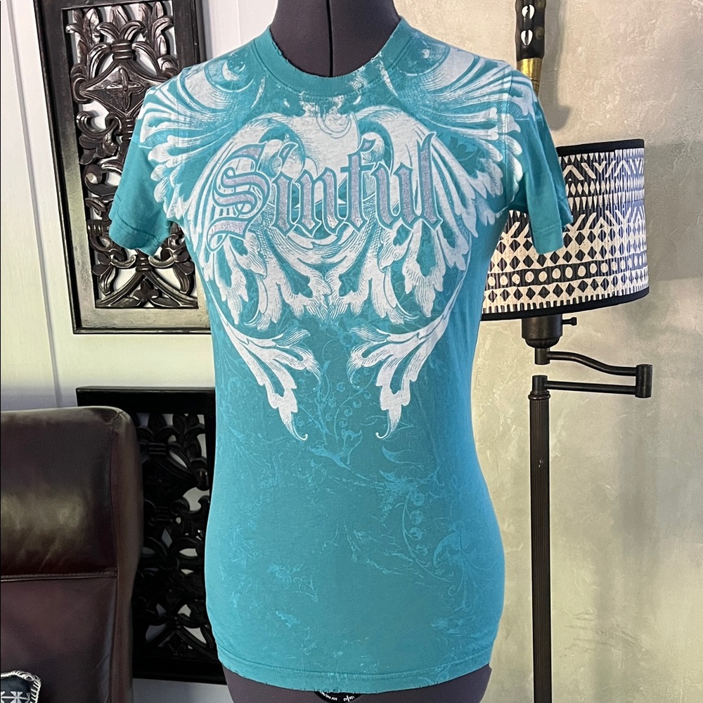 Vintage distressed Sinful Teal T-Shirt with White Angelic Design S